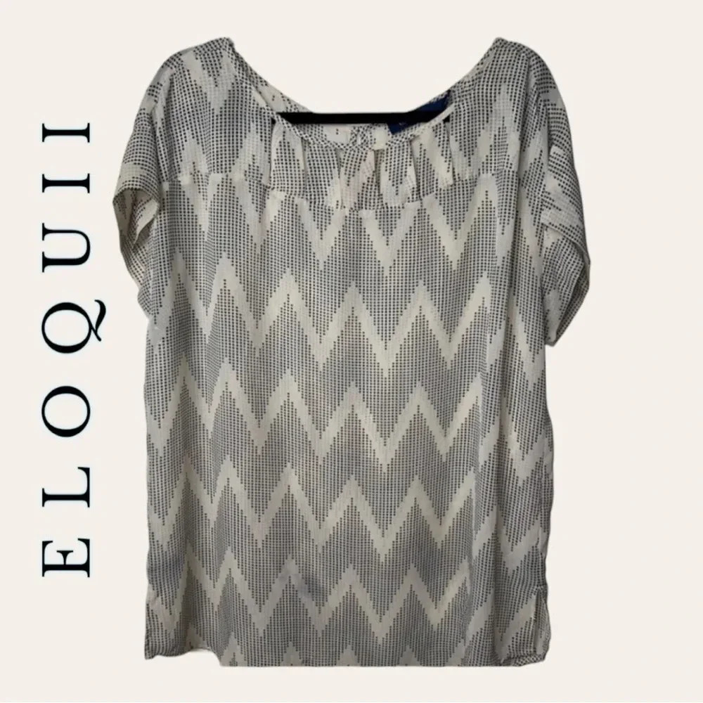 0377. ELOQUII CHEVRON BLOUSE SIZE 14W BLACK AND BEIGE IN COLOR